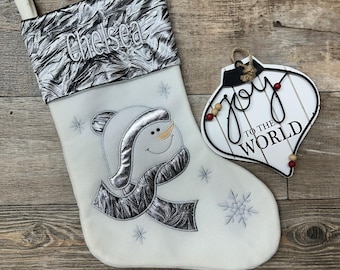 Embroidered Christmas Stockings, silver stocking, personalized stocking, snowman stocking, Monogram stocking