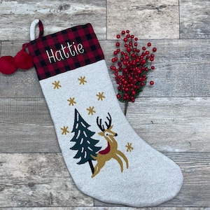 Plaid Top Prancing Deer Stocking, buffalo plaid reindeer christmas fur cuff stocking, personalized christmas stocking, embroider stocking