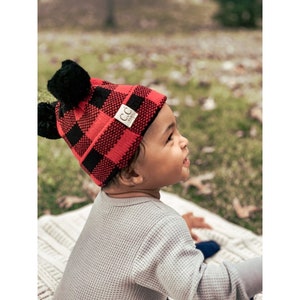 BABY73Pom Pom Buffalo Plaid Pom Pom Beanie Personalized Baby Buffalo Plaid Double Pom Beanie