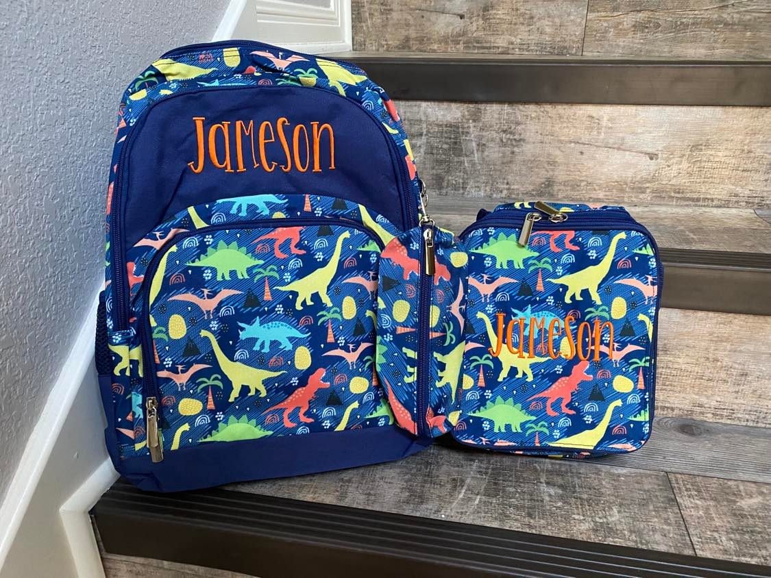 Personalized Dino Backpack Lunchbox Set, Boys Monogram Backpack Lunchobox  Set, Embroidered Backpack and Lunchbox, Dino Backpack, School Set 