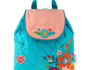 Personalize Quilted Turquoise Floral Backpack, Stephen Joseph Elephant Backpack, Preschool Backpack, Toddler Backpack, Children's Backpack