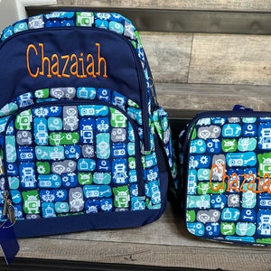Personalized Robot Backpack Lunch Box, Embroidered Kid's Day care Computer Bot Backpack, RTP