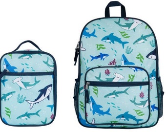 Wildkin Day2Day Shark Attack Backpack lunchbox set, monogram backpack lunchbox set, boy backpack lunchbox set, shark backpack set