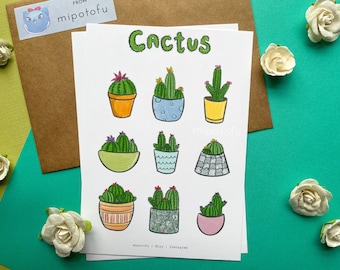 Cactus Collection Art Print | Home Wall Decor, Doodle, Sketch, Art Print, 5x7, Matte, Cute, Vibrant