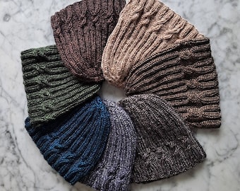 Metallic cable beanies: handknit beanie hats in various colours. Original design. Beanie for him. Beanie for her. Cable knit beanie hats.