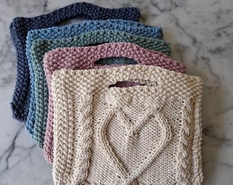 Handknit Cotton Cable Heart Handbag, perfect size for phone and cards. Cottagecore knit handbag.