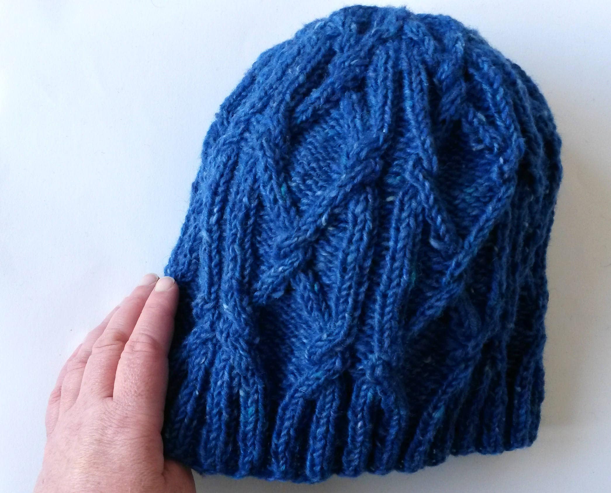 Man's Aran beanie. Cable knit hat. Handknit beanie. Blue Aran Tweed hat