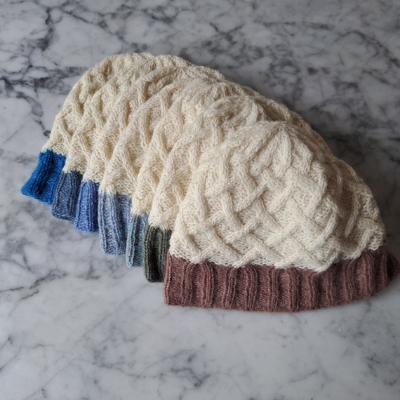 Handknit Aran Galway Wool Beanie: Soft Contrast Brim, Irish original Design