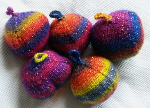Knit Christmas baubles: large handknit ornaments in multi-coloured yarn with gold thread; each one unique. Made in Ireland. Xmas tree balls.