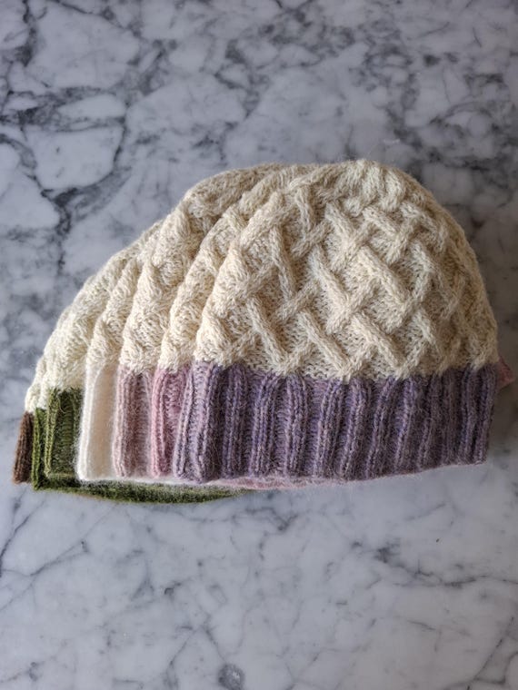 Handknit Aran Wool Beanie: Irish Galway Hat with Soft Contrast Brim