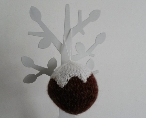 Knit Christmas pudding decoration hanging ornament; cute unique wool ball baubles for your Xmas tree! Handmade in Ireland. Knit Xmas decor.