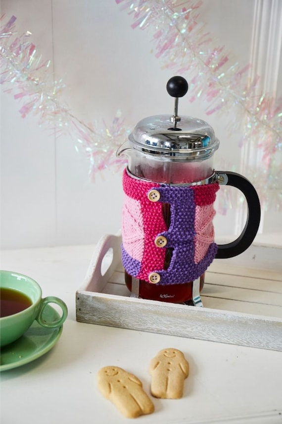 Cafetiere Cosy: Aran knit coffee pot cosy. Made in Ireland. French Press cozy. Colourful coffee cosy. Gift for new home. Handknit color cozy