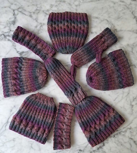 Knit accessories: Irish Heather Collection. Mix and match hat, headband, mittens. Handknit in Ireland. Original designs. Gift from Ireland.