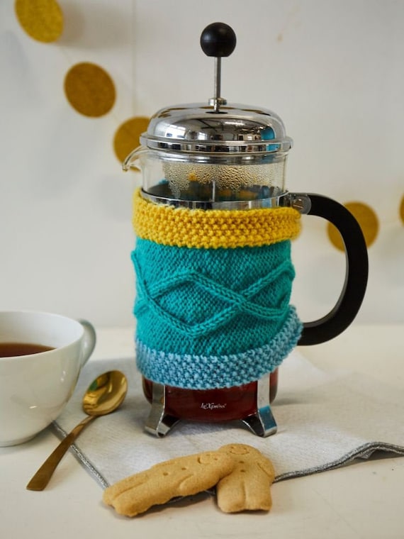 Cafetiere Cosy: Aran knit coffee pot cosy. Made in Ireland. French Press cozy. Colourful coffee cosy. Gift for new home. Handknit color cozy