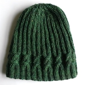 May include: A dark green knitted beanie with a cable knit pattern.