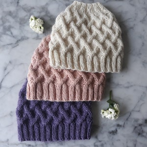 Knitting pattern: Aran Messy Bun Hat. Digital download. Knit your own hat. Knit hat pattern. Instant download PDF. Cable knit hat pattern. image 6