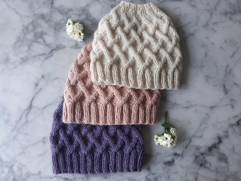 Knitting pattern: Aran Messy Bun Hat. Digital download. Knit your own hat. Knit hat pattern. Instant download PDF. Cable knit hat pattern. image 6