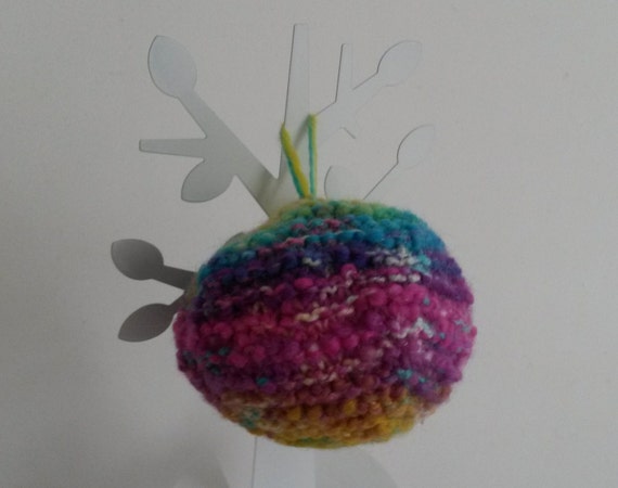 Knitted bauble decoration; unique colourful hanging ball for year-round color! Made in Ireland. Knit bauble. Knit decoration. Multicoloured.