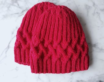 Knit beanie: handknit wool beanies. Original design. Made in Ireland. Beanie for him. Beanie for her. Cable knit beanie. Red beanie hat.