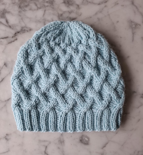 Handknit Aran cable wool alpaca beanie hat: soft and seamless toque.