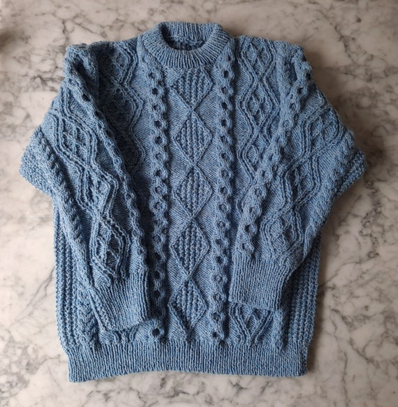 Mens Aran sweater: handknit in the Aran Islands. Pale blue wool Aran. Mens Aran jumper. Irish sweater for him. XL Aran sweater from Ireland.