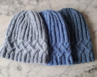 Cable knit beanie: lightweight alpaca wool handknit Aran hats. Soft blue cable knit beanies. Made in Ireland. Beanie for him. Beanie for her