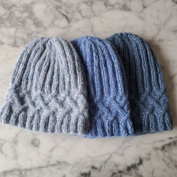 Cable knit beanie: lightweight alpaca wool handknit Aran hats. Soft blue cable knit beanies. Made in Ireland. Beanie for him. Beanie for her