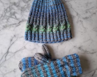 Handgestrickte Wolle Mütze und Handschuhe Set, Blau Grün Grau gestreift