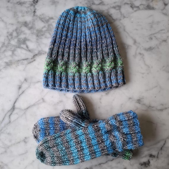 Handknit Wool Beanie and Mitten Set, Blue Green Grey Stripes