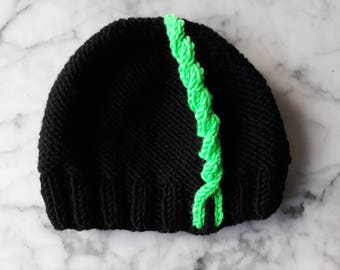 Chunky knit beanie in black with neon green cable. Original design. Made in Ireland. Winter sport hat. Men's beanie. Cable knit beanie hat.