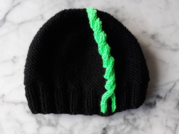 Chunky knit beanie in black with neon green cable. Original design. Made in Ireland. Winter sport hat. Men's beanie. Cable knit beanie hat.