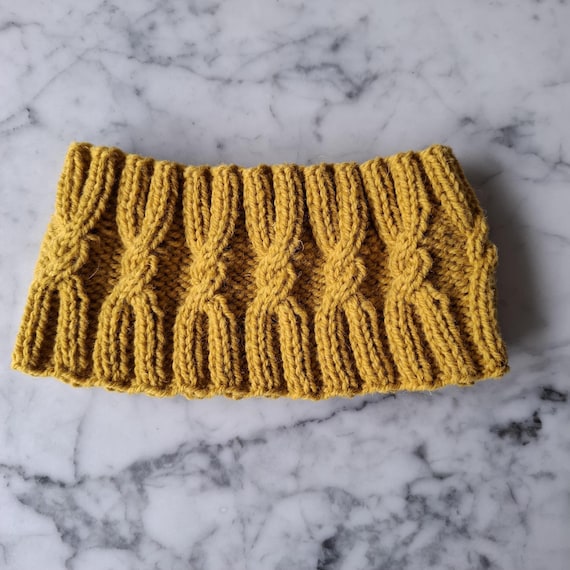 Handknit Cable Knit Wool Headband: Irish Design Neckwarmer in Mustard Yellow