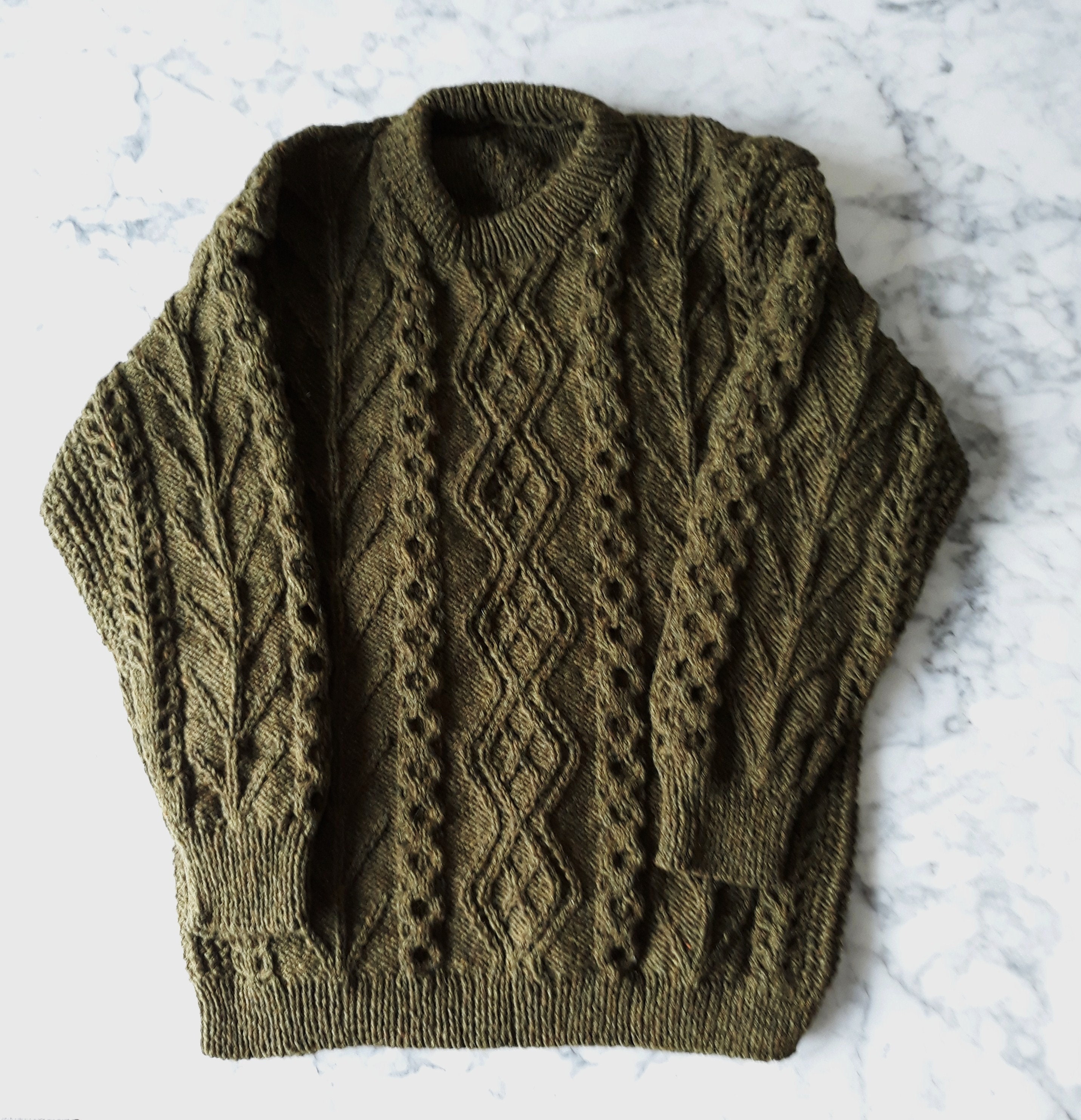 Handknit Aran sweater: green wool jumper. Made in Ireland. Genuine Aran ...