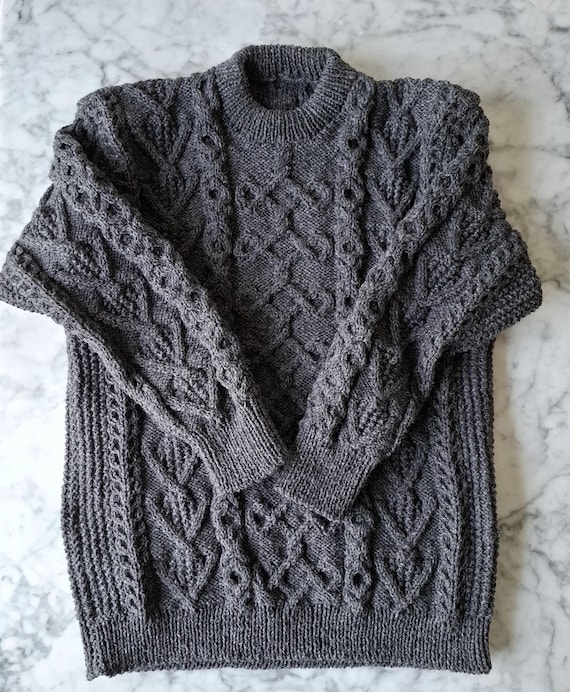 Aran sweater: handknit mens genuine Aran jumper in charcoal grey wool, size XXXL