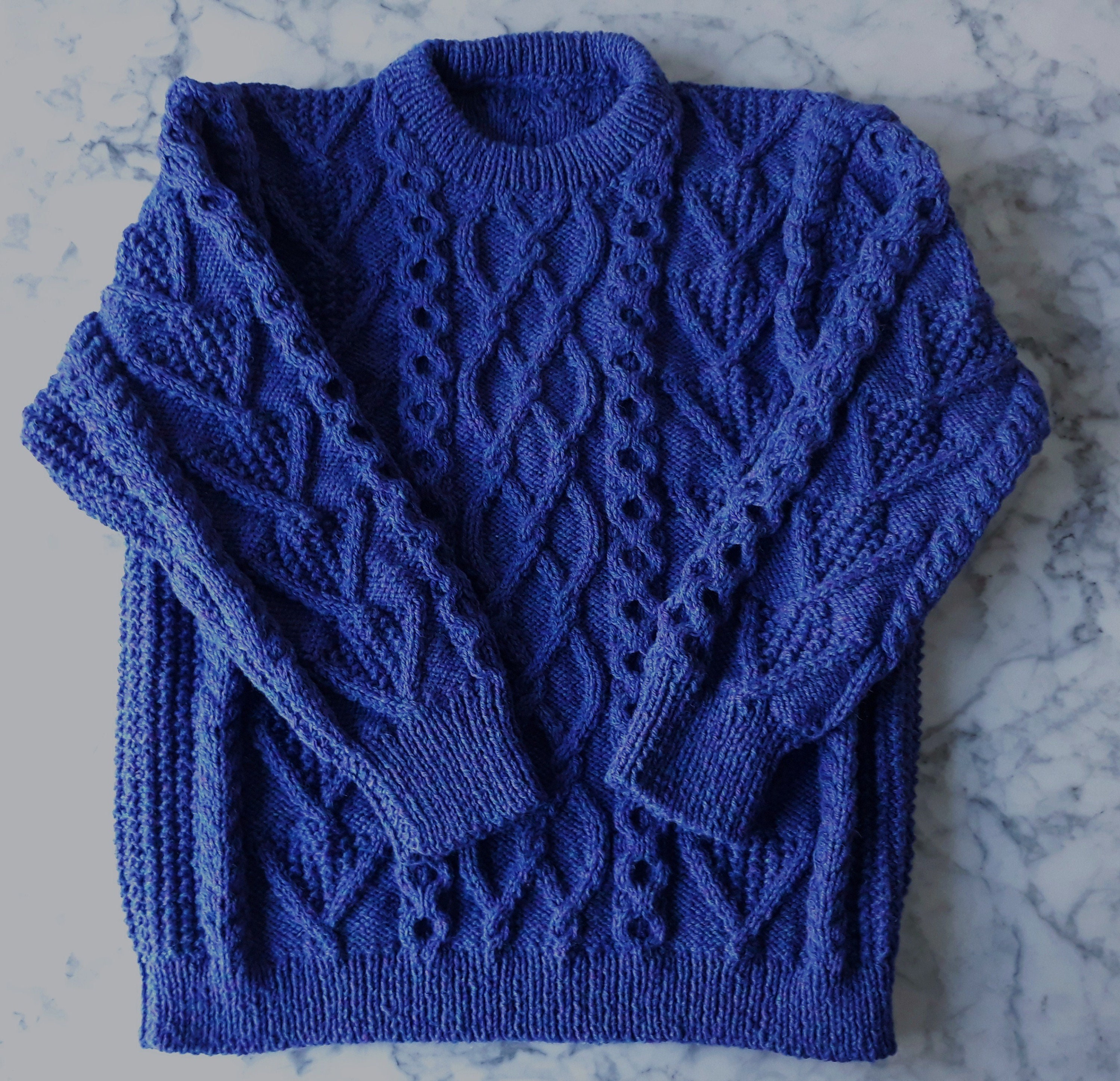 Handknit Aran sweater: royal blue wool jumper. Made in Ireland. Genuine ...