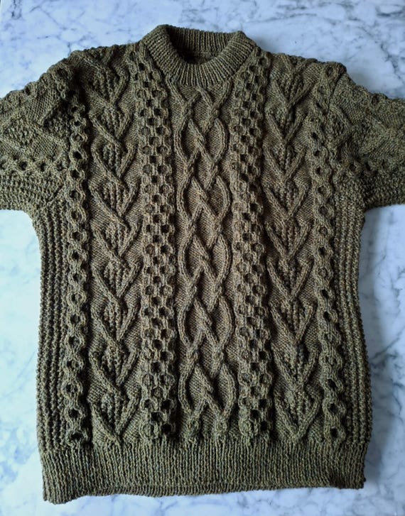 Aran sweater: handknit mens genuine Aran jumper in khaki green wool, size XL