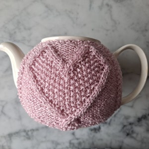 Knit teacosy: pink love heart teacozy. Handknit in Ireland. Original design. Mothers day gift. Gift for new home. Gift for tea drinker. image 1