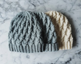 Knitting pattern: Salthill Beanie. Aran hat pattern. Cable knit hat pattern. Digital download. Knit your own hat. Irish beanie hat pattern.