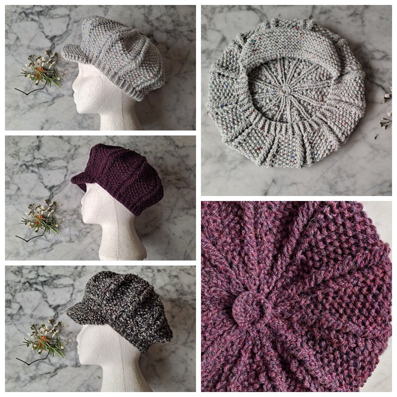 K&ouml;nnte beinhalten: Drei verschiedene gestrickte Newsboy-M&uuml;tzen in verschiedenen Farben. Die M&uuml;tzen sind grau, burgunderrot und schwarz-wei&szlig;. Die M&uuml;tzen werden auf einem Mannequin-Kopf gezeigt.