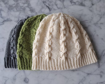 Handgestrickt Aran Wolle Beanie: Irische Mütze mit Zopfmuster