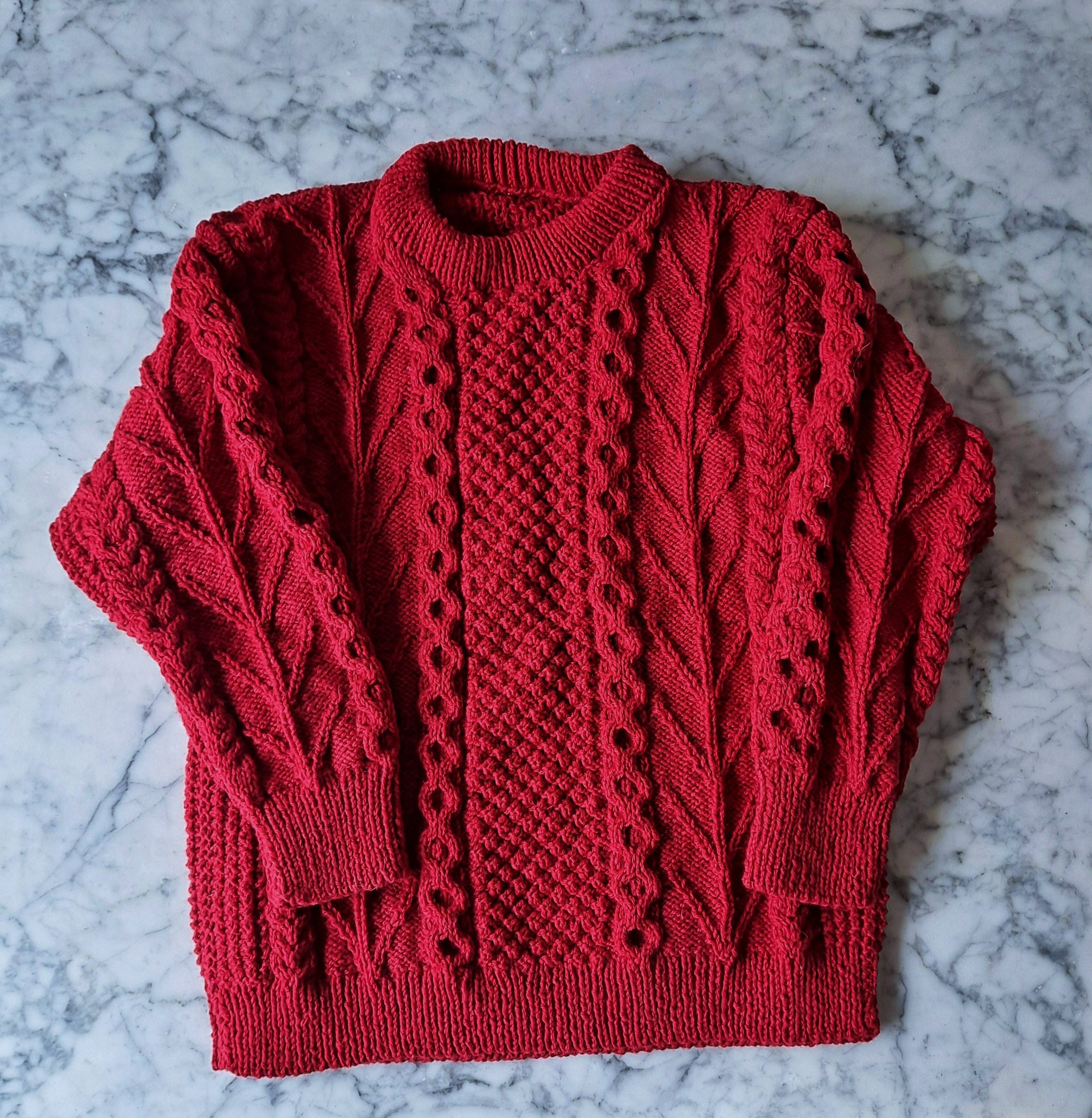 Red Aran sweater: handknit Aran jumper in XL size. Mens Aran