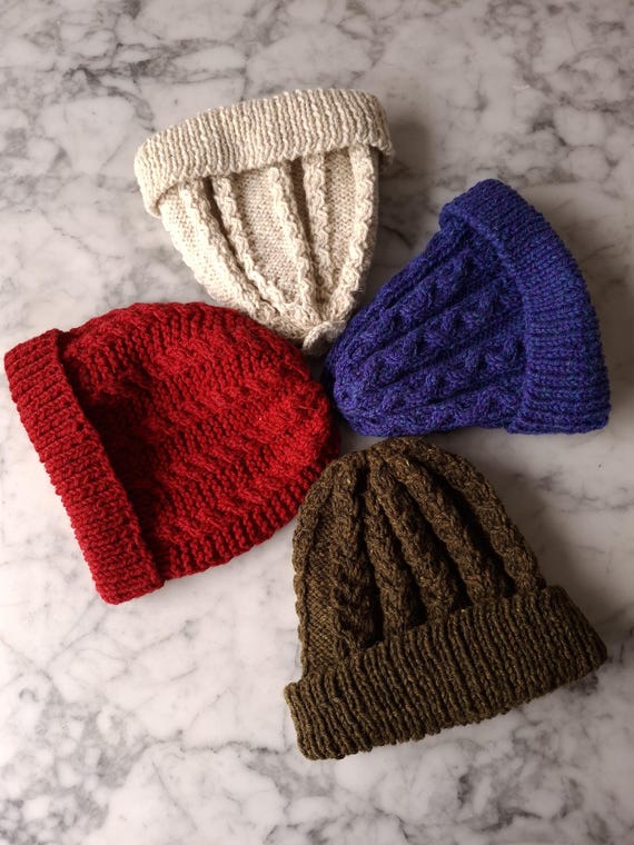 Cable knit beanies: handknit wool hats from the Aran Islands. Genuine Aran toque