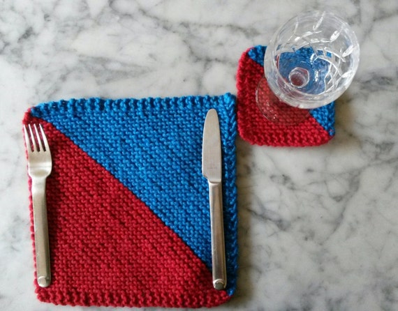 Knit placemats: handknit chunky wool place mats; matching coasters available. Red & blue. Made in Ireland. Housewarming gift. Table decor.