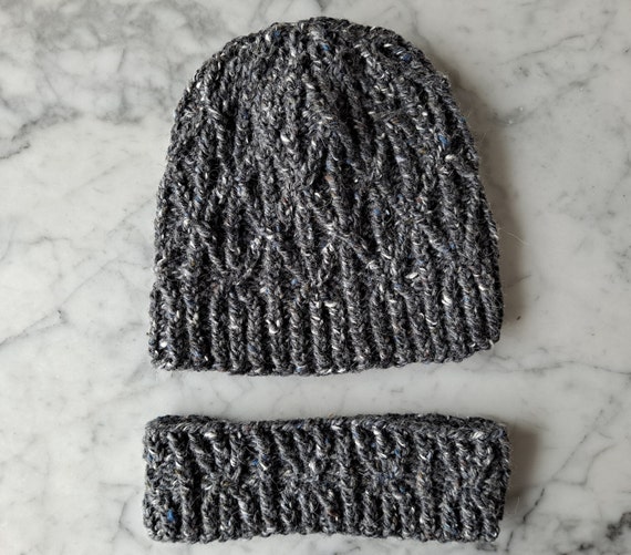 Aran beanie hat: handknit hat with neckwarmer. Luxury Irish yarn. Beanie for him. Beanie for her. Cable knit beanie. Chunky knit beanie set.