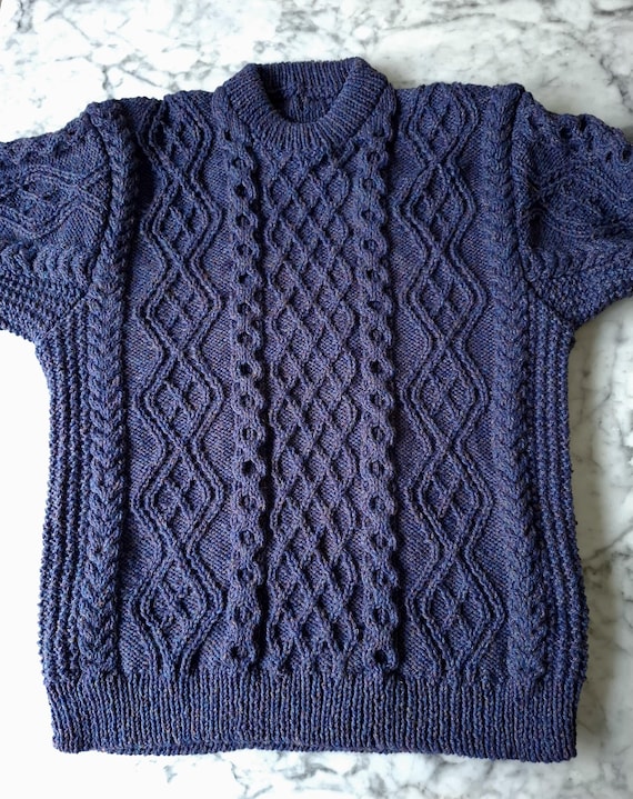 Aran sweater: handknit mens genuine Aran jumper in blue wool, size XXXL