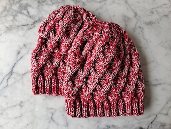 Cable knit beanies: marled pink and red aran knit hats. Beanie for her. Gift for sisters. Handknit hats. Made in Ireland. Original design.