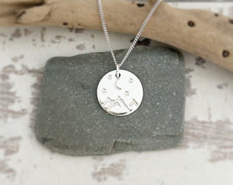 Mountain Necklace Sterling Silver, Mountain, Moon and Stars Necklace, Graduation Gift, Traveller Gift, Trekking Gift