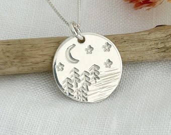 Sterling Silver Lake and Trees Necklace: Moon & Stars Hand Stamped