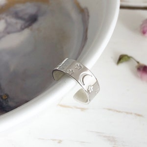 Silver Ear Cuff with Moon and Stars, Sterling Silver Star Ear Cuff UK, Crescent Moon Stars and Trees Scene