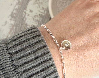 Sterling Silver Initial Disc Bracelet: Personalized Paperclip Chain